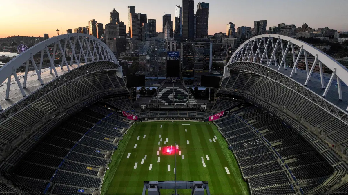 Seattle Prepares to Host FIFA World Cup 2026: SEATTLE, WASHINGTON - MAY 31: In an aerial view, Seattle Stadium, temporarily renamed from Lumen Field, stands ahead of the FIFA World Cup 2026 on May 31, 2026 in Seattle, Washington. The stadium will host six matches during the 2026 FIFA World Cup. Steph Chambers/Getty Images/AFP (Photo by Steph Chambers / GETTY IMAGES NORTH AMERICA / Getty Images via AFP)