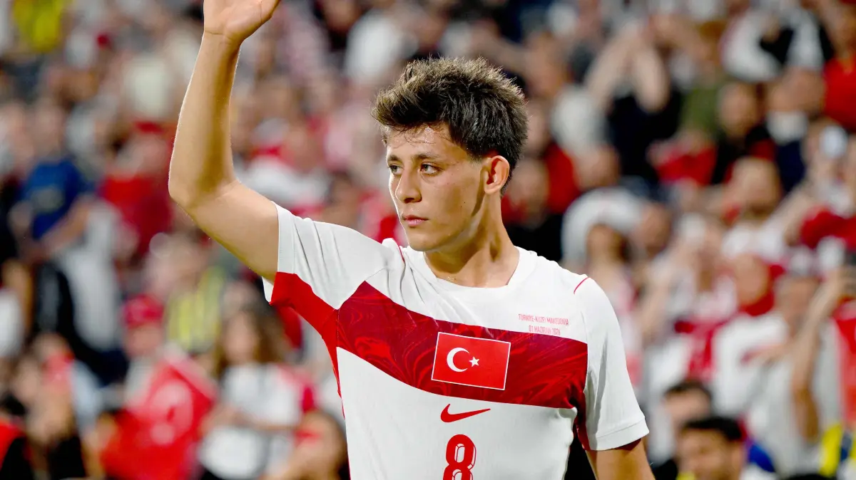 Turkey's midfielder #08 Arda Guler gestures during the international friendly football match between Turkey and North Macedonia at the Chobani stadium in Istanbul on June 1, 2026, ahead of the 2026 FIFA World Cup. (Photo by Yasin AKGUL / AFP)