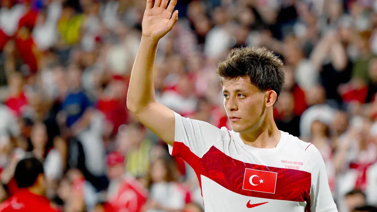 Turkey's midfielder #08 Arda Guler gestures during the international friendly football match between Turkey and North Macedonia at the Chobani stadium in Istanbul on June 1, 2026, ahead of the 2026 FIFA World Cup. (Photo by Yasin AKGUL / AFP)