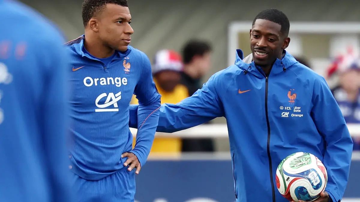 France's forward #10 Kylian Mbappe (L) and France's forward #07 Ousmane Dembele take part in a training session at the French Football Federation's (FFF) training ground in Clairefontaine-en-Yvelines, southwest of Paris on June 6, 2026, as part of the team's preparation for upcoming 2026 FIFA World Cup football tournament. (Photo by FRANCK FIFE / AFP)