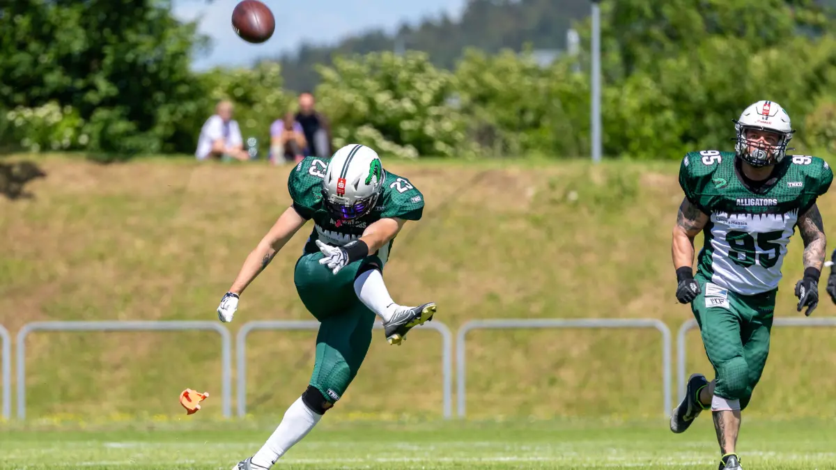 Albstadt Alligators - Backnang Wolverines, American Football, Saison 2025/2026, 07.06.26 : Mario Pavic (Albstadt Alligators, #23)
Albstadt Alligators – Backnang Wolverines, American Football, Saison 2025/2026, 07.06.26
Foto: Eibner-Pressefoto/Kirsten Kirsten