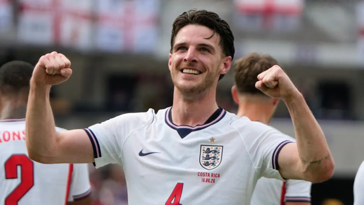 England - Costa Rica: 10.06.2026, USA, Orlando: Fußball, Männer: Länderspiele, England - Costa Rica. Englands Declan Rice feiert sein Tor. Foto: John Raoux/AP/dpa +++ dpa-Bildfunk +++