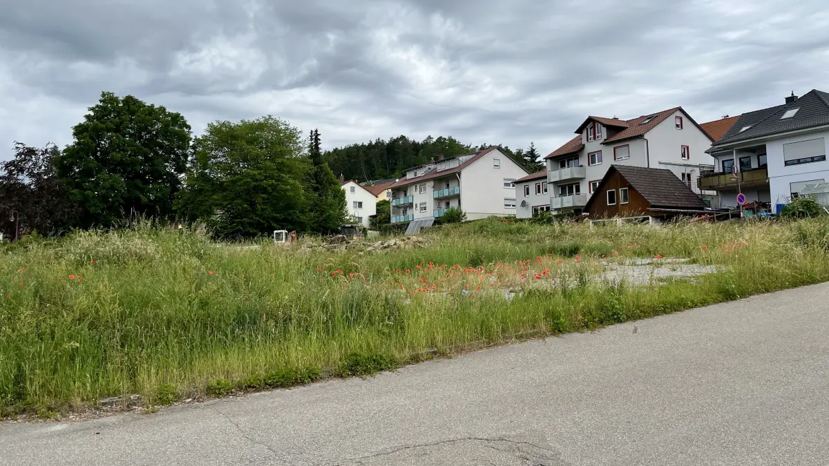 Auf dieser unbebauten Fläche im Imberger Weg in Bühlerzell soll das Nahversorgungszentrum entstehen. Von diesem Standpunkt aus würde man auf die Ostseite des Gebäudes blicken. Die Eingänge lägen auf der Nordseite, also gegenüber der hier sichtbaren Wohnhäuser.