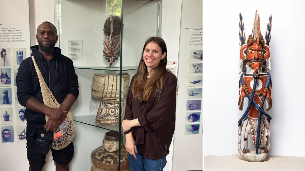Anthony Lupai und Katharina Nowak erläuterten, wie Malagane aus Neuirland den Weg in deutsche Museen fanden. Rechts die Malagan-Schnitzerei Totok aus der Ethnologischen Sammlung des Museums der Universität Tübingen.