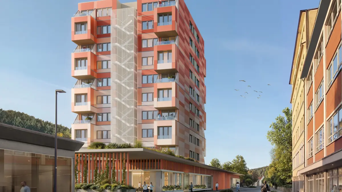 So oder so ähnlich soll das sogenannten Baro-Hochhaus in Tailfingen an der Hechinger Straße nach dem Wunsch des Gebäudeeigentümers künftig aussehen. Es wird kernsaniert.