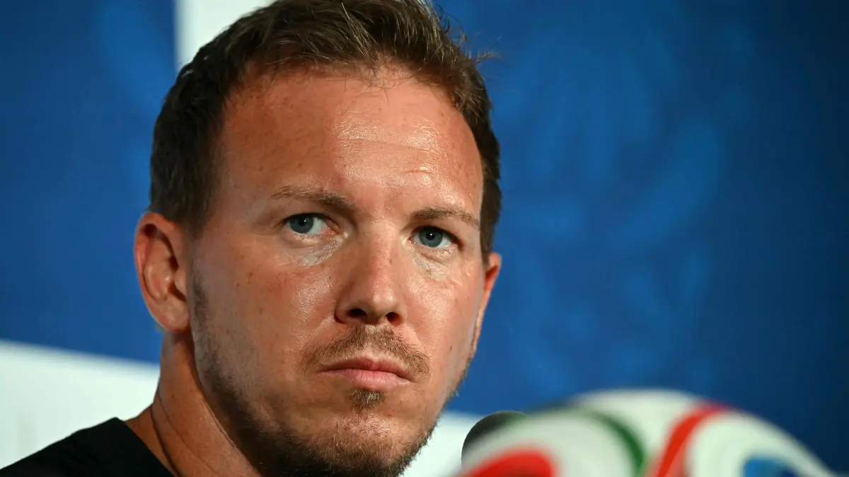 Germany's head coach Julian Nagelsmann gives a press conference at the Houston Stadium in Houston on June 13, 2026, on the eve of the 2026 World Cup football match between Germany and Curacao. (Photo by RONALDO SCHEMIDT / AFP)