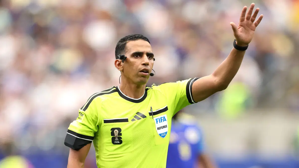 Germany v Curacao: Group E - FIFA World Cup 2026: HOUSTON, TEXAS - JUNE 14: Referee Jalal Jayed makes a call during the FIFA World Cup 2026 Group E match between Germany and Curacao at Houston Stadium on June 14, 2026 in Houston, Texas. Alexander Hassenstein/Getty Images/AFP (Photo by ALEXANDER HASSENSTEIN / GETTY IMAGES NORTH AMERICA / Getty Images via AFP)