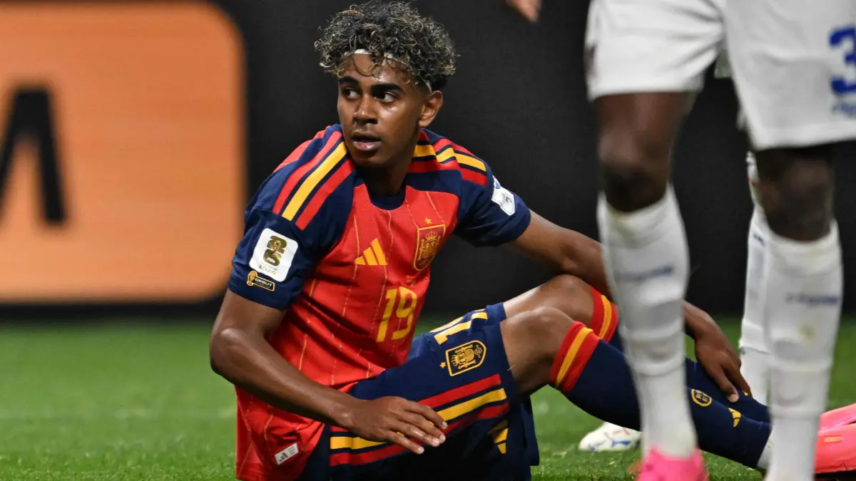 Spain's forward #19 Lamine Yamal reacts during the 2026 World Cup Group H football match between Spain and Cape Verde at the Atlanta Stadium in Atlanta on June 15, 2026. (Photo by Roberto SCHMIDT / AFP)
