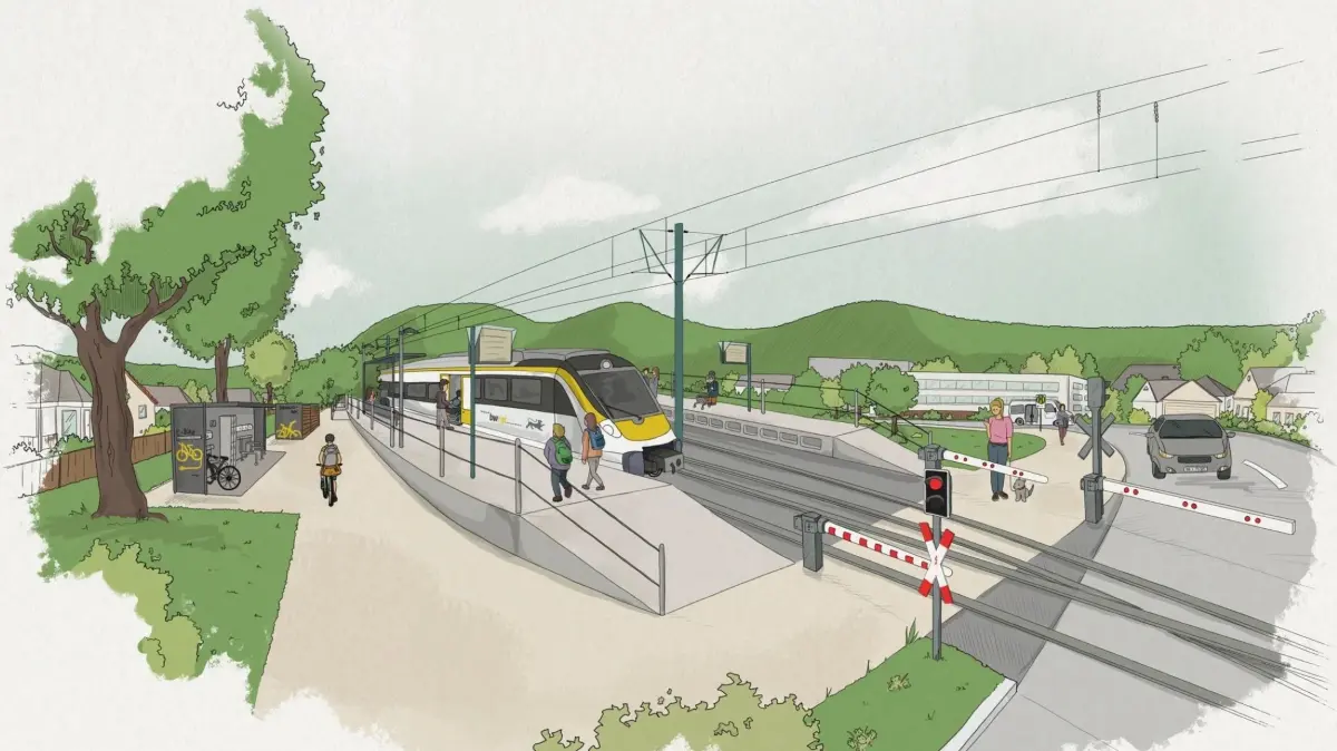 Noch ist es Zukunftsmusik, aber so sieht der Zeichner eine Zughaltestelle auf eine vollelektrisierten Zollernalb-Bahn.