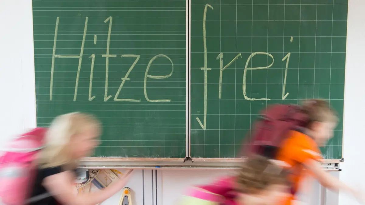 ILLUSTRATION - Schüler einer 2. Klasse laufen in einer Grundschule an einer Tafel mit der Aufschrift "Hitzefrei" vorbei. Wer Hitzefrei hat, kann schnell nach hause oder ins Freibad.