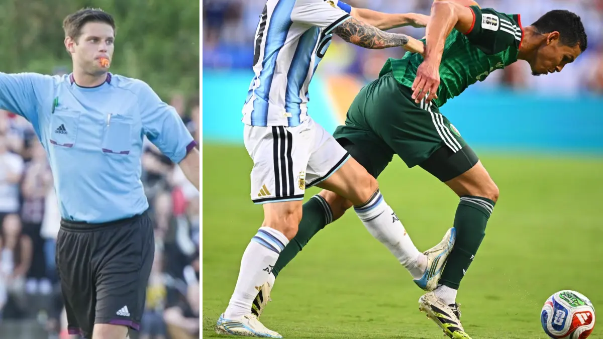 Schiedsrichter Manuel Bergmann bewertet das Foulspiel von Lionel Messi bei der Fußball-WM in Kansas City.