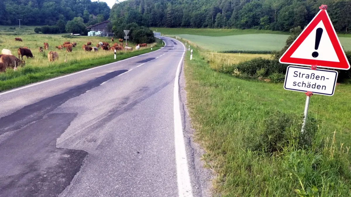 Etwa 200 solcher Teerflecken findet man auf der K7113 zwischen Karlstal, Trillfingen und Seehof. Sie sorgen für Verägerung unter Auto- und Zweiradfahrern.