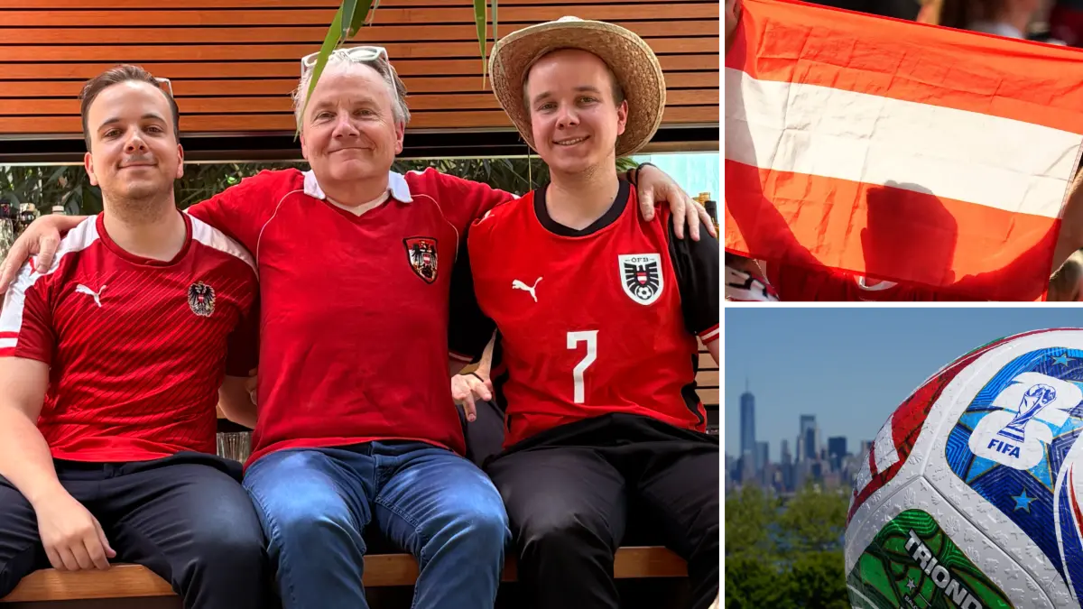 Gemeinsam mit seinen Söhnen Jannik (links) und Valentin fiebert Krone-Geschäftsführer Alexander Stagl (Mitte) bei der Fußball-WM mit den Österreichern mit.