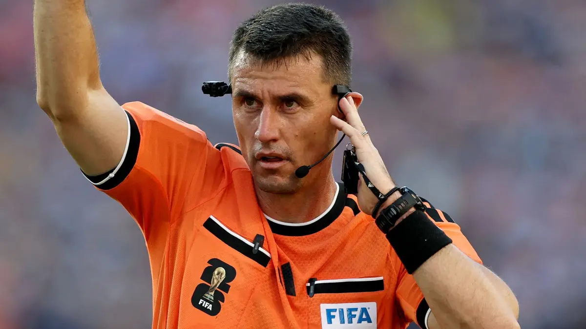 Scotland v Morocco: Group C - FIFA World Cup 2026: FOXBOROUGH, MASSACHUSETTS - JUNE 19: Referee Ilgiz Tantashev gestures during the FIFA World Cup 2026 Group C match between Scotland and Morocco at Boston Stadium on June 19, 2026 in Foxborough, Massachusetts. Buda Mendes/Getty Images/AFP (Photo by Buda Mendes / GETTY IMAGES NORTH AMERICA / Getty Images via AFP)