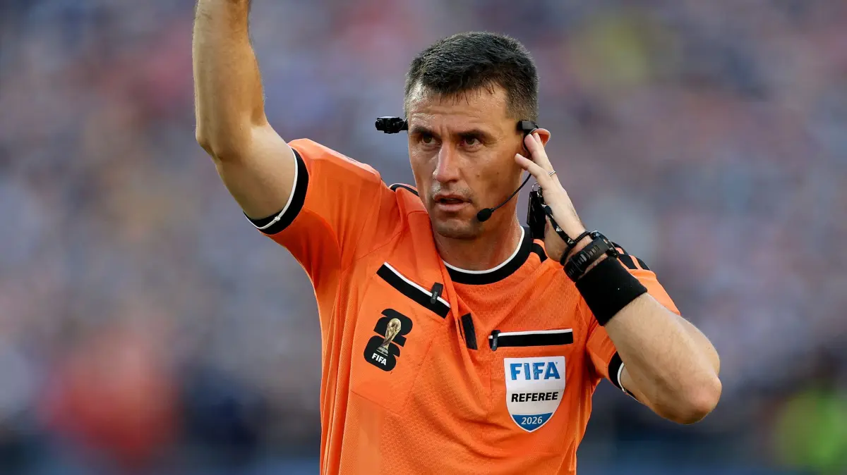 Scotland v Morocco: Group C - FIFA World Cup 2026: FOXBOROUGH, MASSACHUSETTS - JUNE 19: Referee Ilgiz Tantashev gestures during the FIFA World Cup 2026 Group C match between Scotland and Morocco at Boston Stadium on June 19, 2026 in Foxborough, Massachusetts. Buda Mendes/Getty Images/AFP (Photo by Buda Mendes / GETTY IMAGES NORTH AMERICA / Getty Images via AFP)