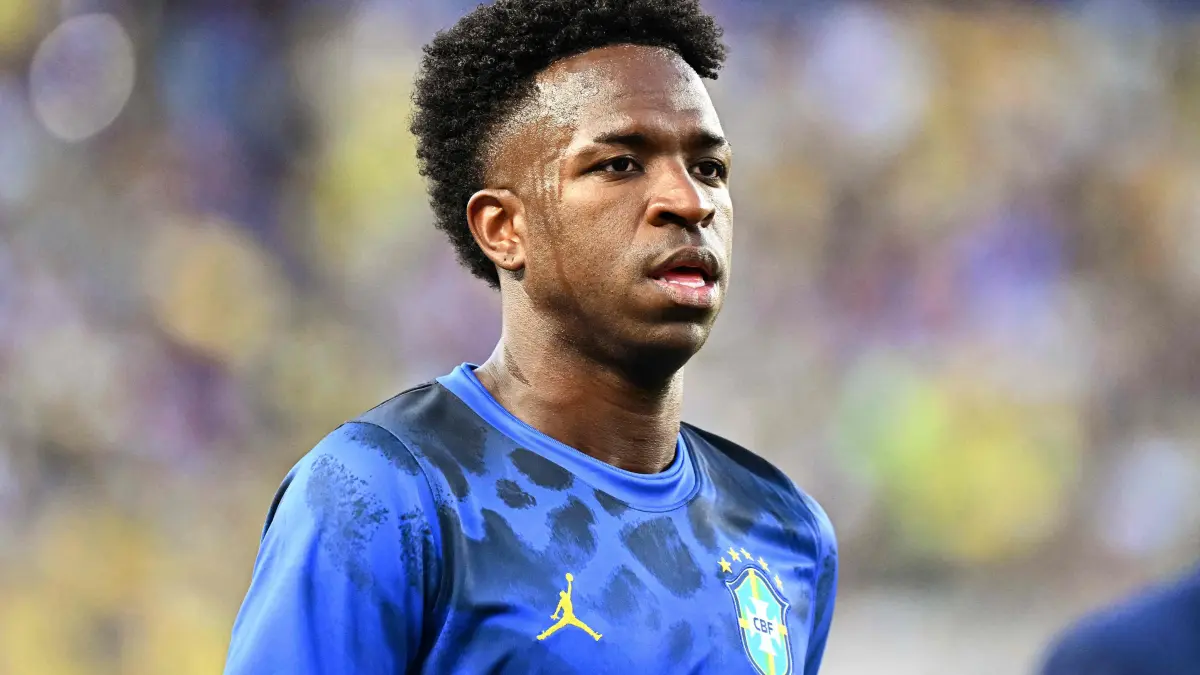 FBL-WC-2026-MATCH29-BRA-HAI: Brazil's forward #07 Vinicius Junior warms up ahead of the 2026 World Cup Group C football match between Brazil and Haiti at the Philadelphia Stadium in Philadelphia on June 19, 2026. (Photo by Jewel SAMAD / AFP)