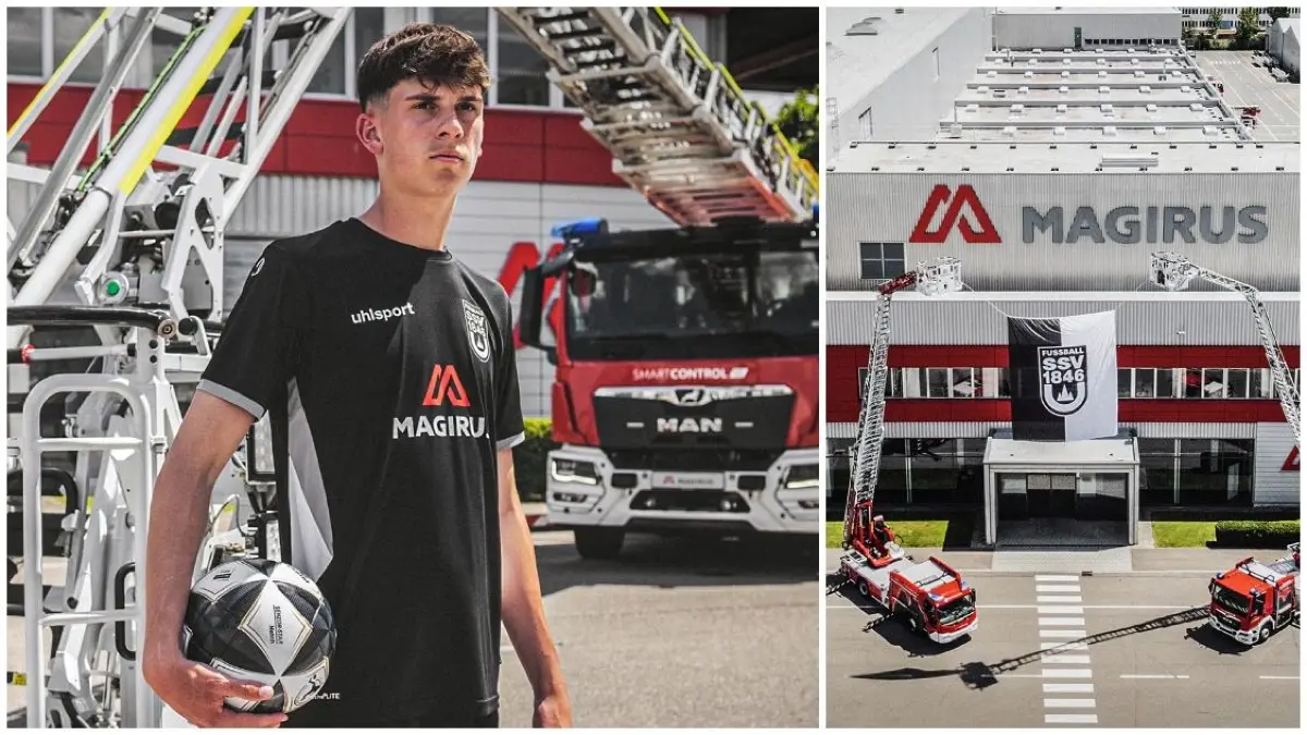 Mateo Mrden trägt den neuen Haupt- und Trikotsponsor auf der Brust: Das Ulmer Traditionsunternehmen Magirus steigt beim SSV Ulm 1846 Fußball zur Regionalliga-Saison 2026/27 ein.