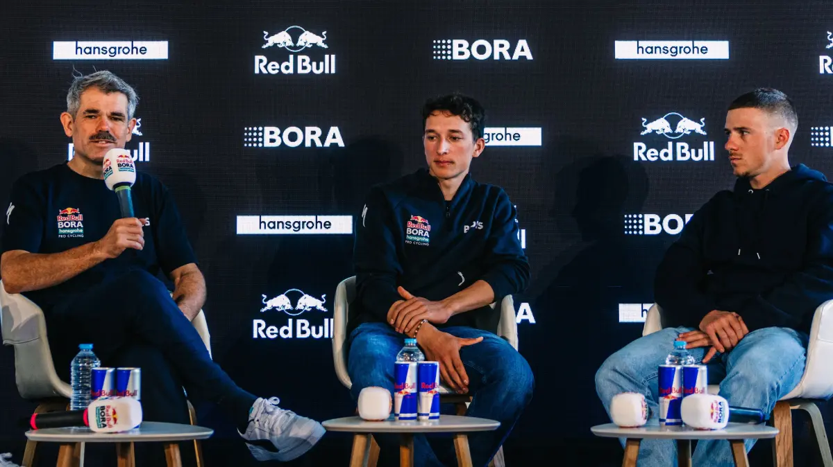 Pictures showes Zac Demster, Ralph Denk, Florian Lipowitz, Remco Evenepoel, Primož Roglič during the Mediaday of Red Bull - BORA - hansgrohe in Palma de Mallorca, Spain, on 10th of Dezember 2025 // Maximilian Fries / Red Bull Content Pool // SI202512110223 // Usage for editorial use only //