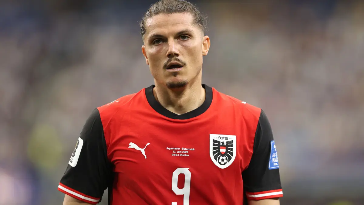 Argentina v Austria: Group J - FIFA World Cup 2026: ARLINGTON, TEXAS - JUNE 22: Marcel Sabitzer #9 of Austria looks on during the FIFA World Cup 2026 Group J match between Argentina and Austria at Dallas Stadium on June 22, 2026 in Arlington, Texas. Francois Nel/Getty Images/AFP (Photo by Francois Nel / GETTY IMAGES NORTH AMERICA / Getty Images via AFP)
