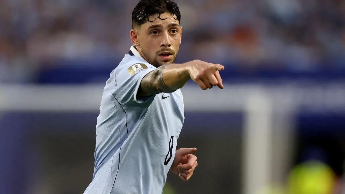 Uruguay v Cabo Verde: Group H - FIFA World Cup 2026: MIAMI GARDENS, FLORIDA - JUNE 21: Federico Valverde #8 of Uruguay gestures during the FIFA World Cup 2026 Group H match between Uruguay and Cabo Verde at Miami Stadium on June 21, 2026 in Miami, United States. Lars Baron/Getty Images/AFP (Photo by Lars Baron / GETTY IMAGES NORTH AMERICA / Getty Images via AFP)