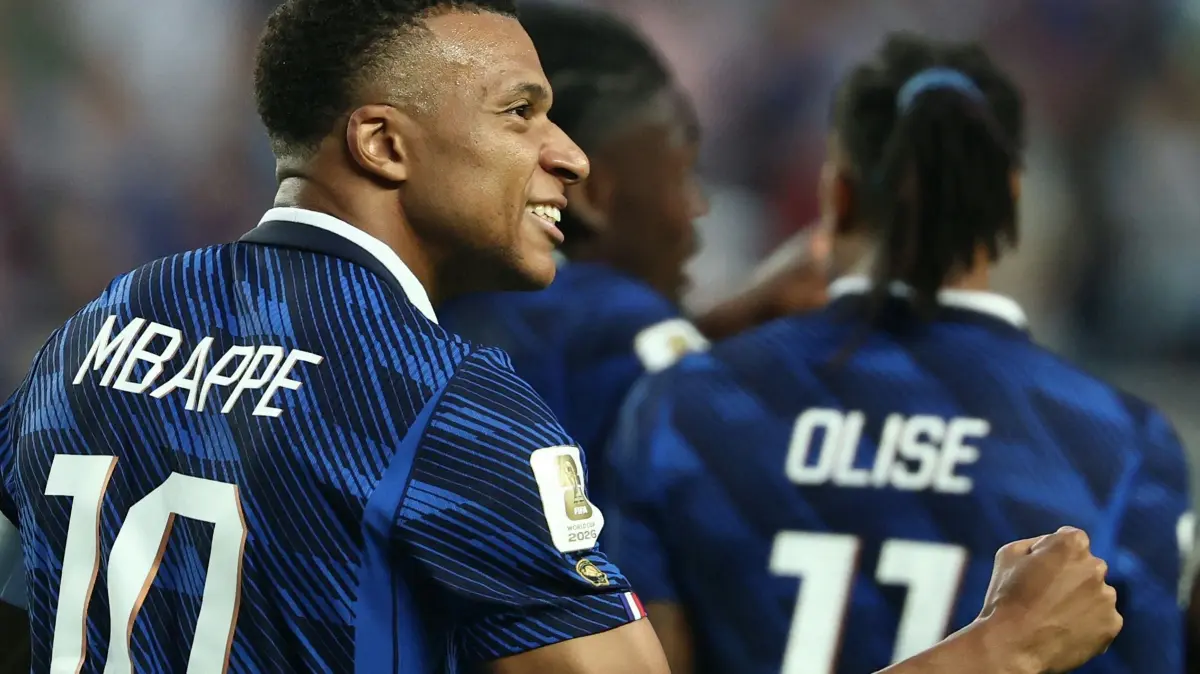 FBL-WC-2026-MATCH42-FRA-IRQ: France's forward #10 Kylian Mbappe celebrates scoring his team's second goal during the 2026 World Cup Group I football match between France and Iraq at the Philadelphia Stadium in Philadelphia on June 22, 2026. (Photo by FRANCK FIFE / AFP)