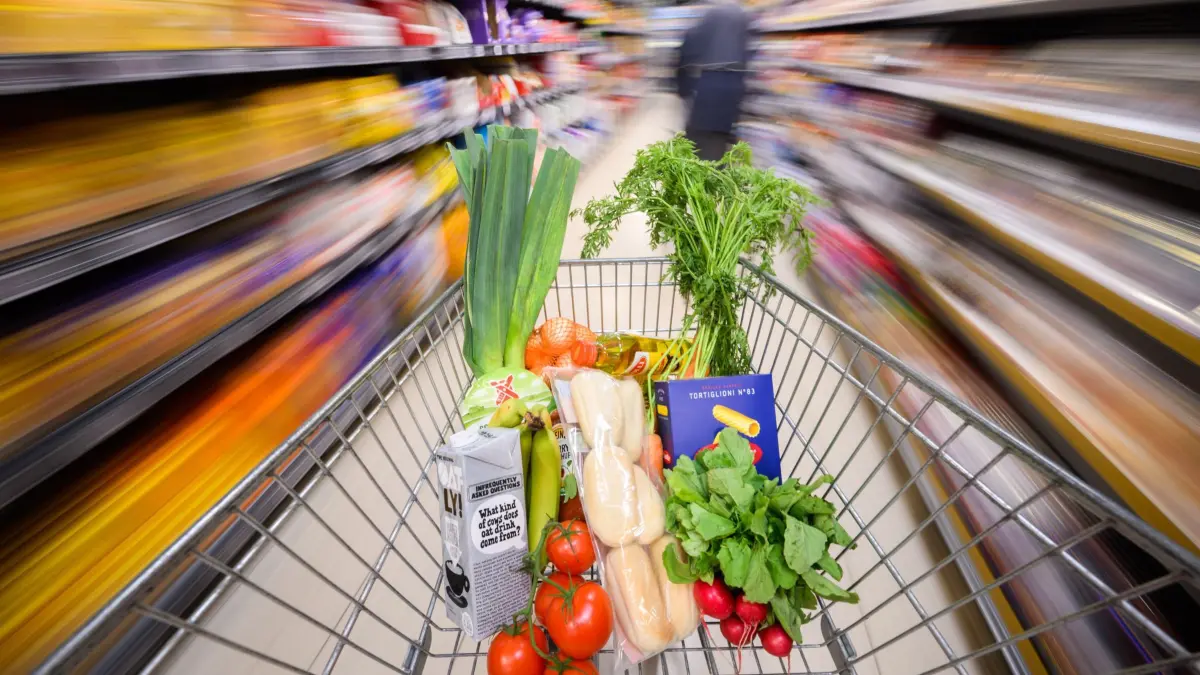 Einkaufswagen mit Lebensmitteln in einem Supermarkt: ILLUSTRATION - Gemüse, Fleisch, Milchprodukte: Bei hohen Temperaturen verderben Lebensmittel schneller und sollten zügig verbraucht werden. (zu dpa: «Sommerzeit ist Keimzeit: Gut essen trotz Hitze») Foto: Julian Stratenschulte/dpa/dpa-mag - Honorarfrei nur für Bezieher des Dienstes dpa-Magazin +++ dpa-Magazin +++