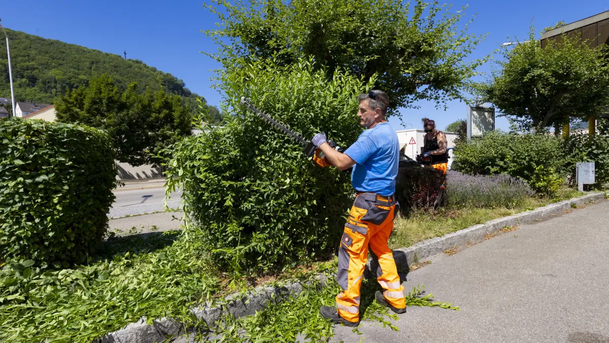 Hitze - Mitarbeiter des Städtischen Bauhofs Geislingen bei der Grünpflege rund um die Jahnhalle