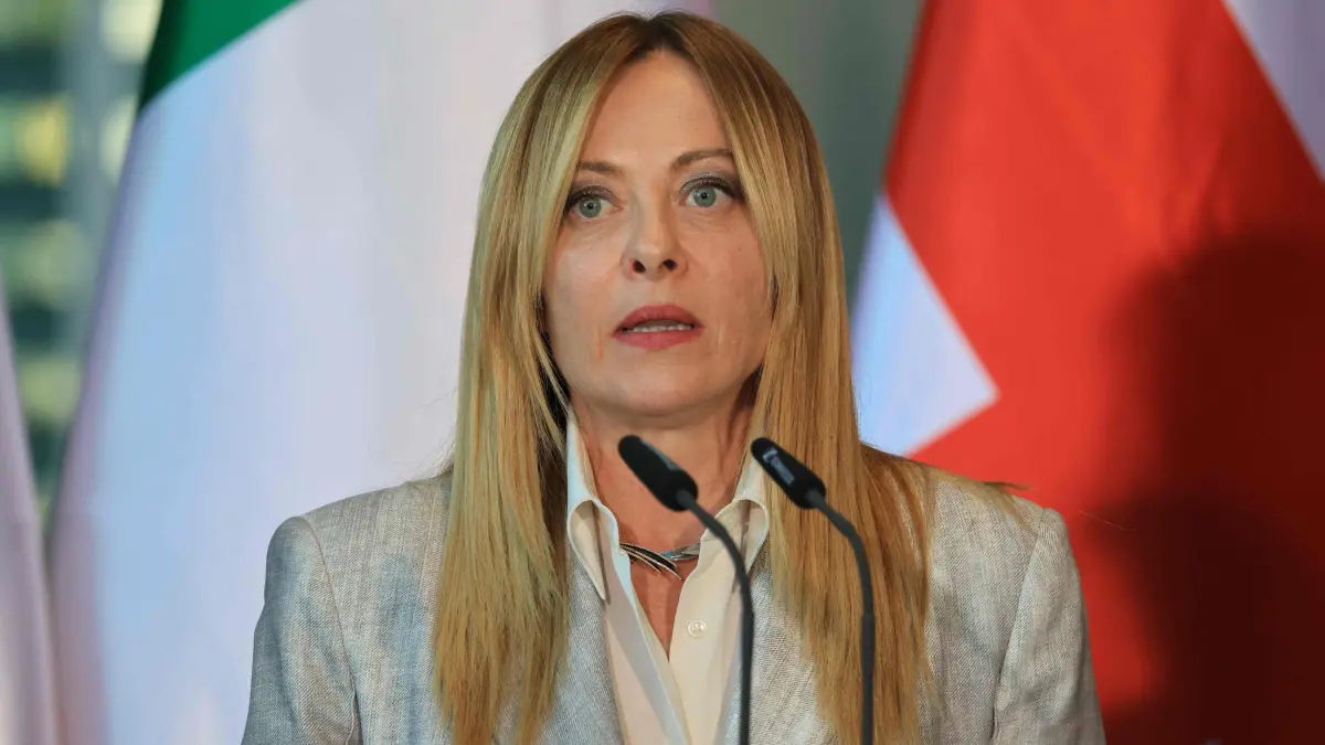 GERMANY-NATO-E5-MEETING-POLITICS-DEFENCE: Italy's Prime Minister Giorgia Meloni addresses the press at the end of their meeting of state leaders of the European Group of Five (E5) and the NATO Secretary General, on June 24, 2026 at the Chancellery in Berlin, Germany. (Photo by Ludovic MARIN / AFP)