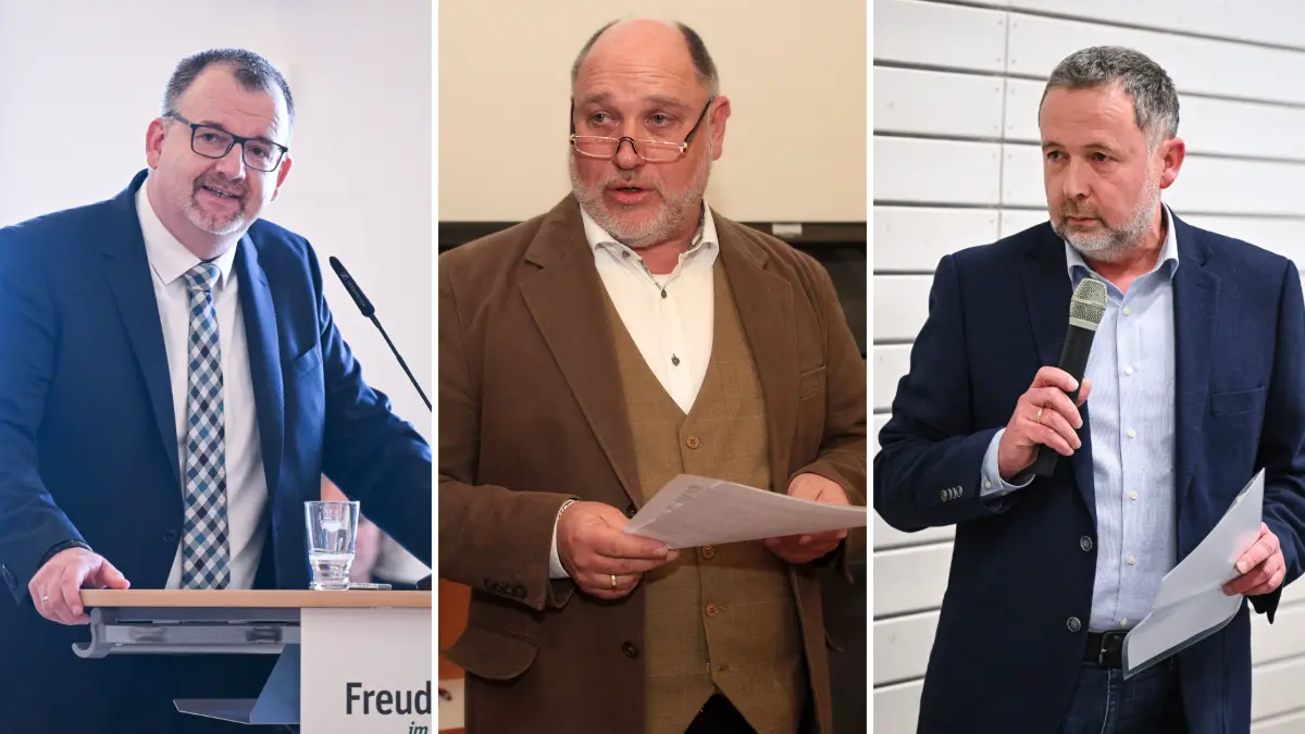 Äußern sich zu den Plänen der Landesregierung (von links): Landrat Andreas Junt, Tore-Derek Pfeifer als Fraktionsvorsitzender von den Freien Wählern und Oberbürgermeister Michael Keßler.