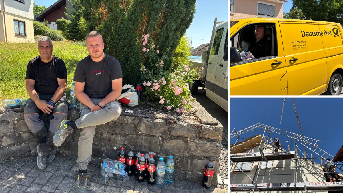 Ob Bauarbeiter, Zimmerer, Post, Handwerker oder Bäcker: diese Menschen aus Horb und Umgebung trotzden der Hitze mit Humor, vielen Trink- und Ruhepausen im Schatten