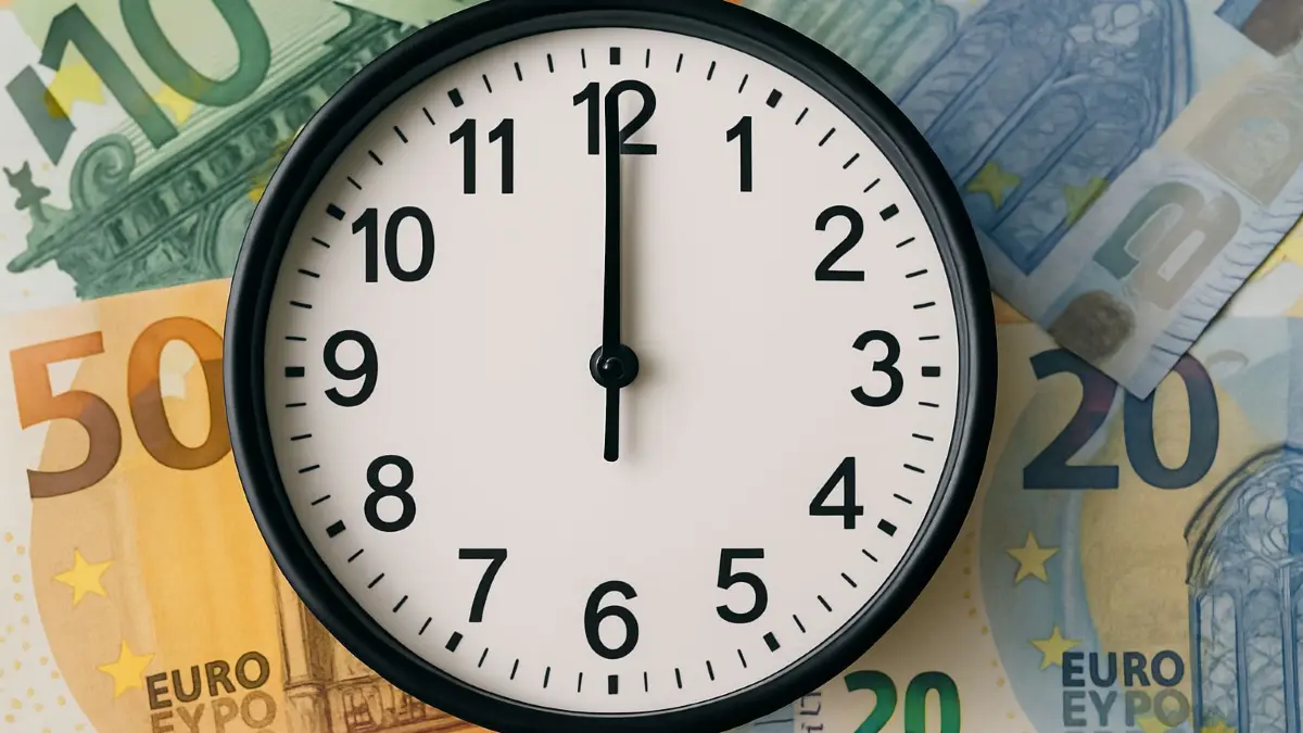 Analoge Uhr. Fünf Sekunden vor zwölf.
