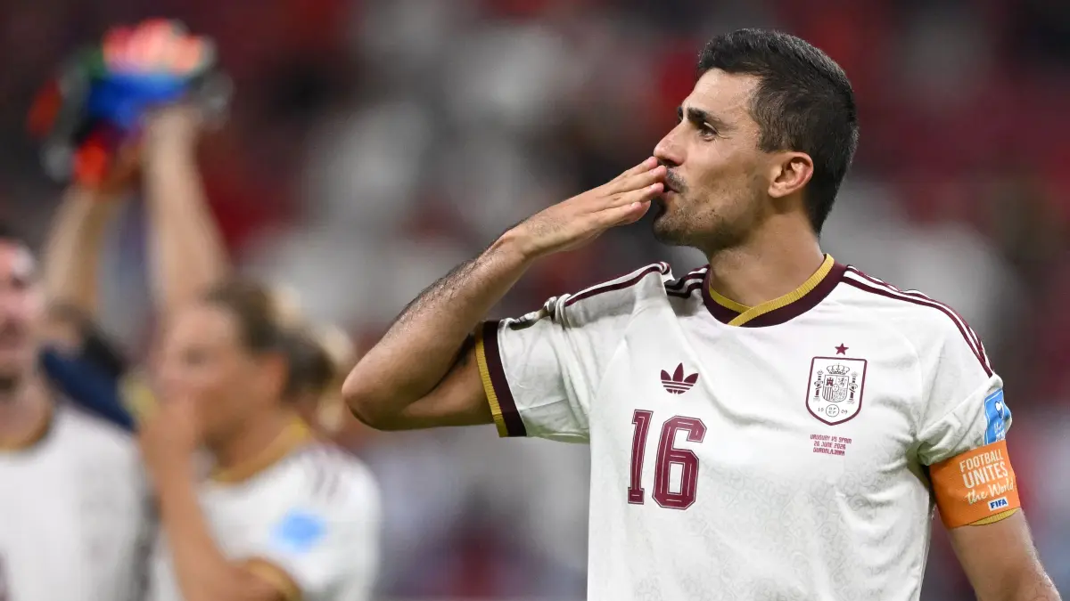 FBL-WC-2026-MATCH66-URU-ESP: Spain's midfielder #16 Rodri celebrates after winning the 2026 World Cup Group H football match between Uruguay and Spain at the Guadalajara Stadium in Zapopan on June 26, 2026. (Photo by CARL DE SOUZA / AFP)