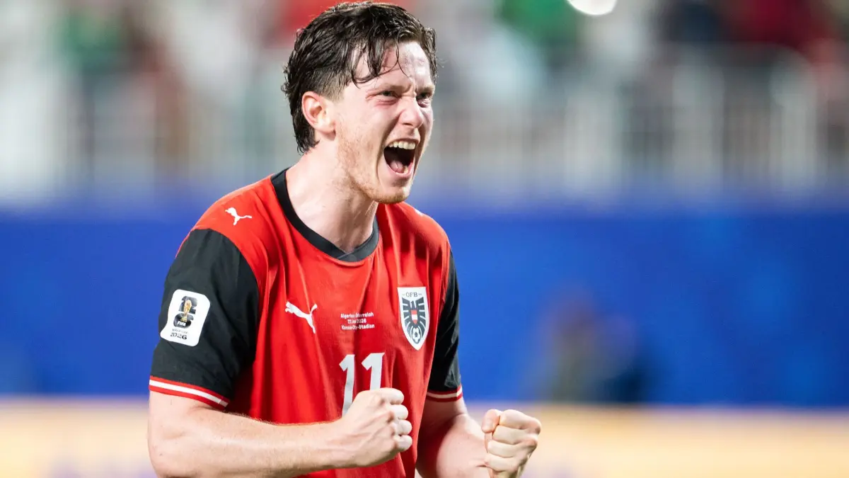 WM 2026 - Algerien - Österreich: 27.06.2026, USA, Kansas City: Fußball, Männer: WM 2026, Algerien - Österreich, Vorrunde, Gruppe J, 3. Spieltag, Kansas-City, Österreichs Michael Gregoritsch jubelt nach dem Spiel. Foto: Georg Hochmuth/APA/dpa +++ dpa-Bildfunk +++