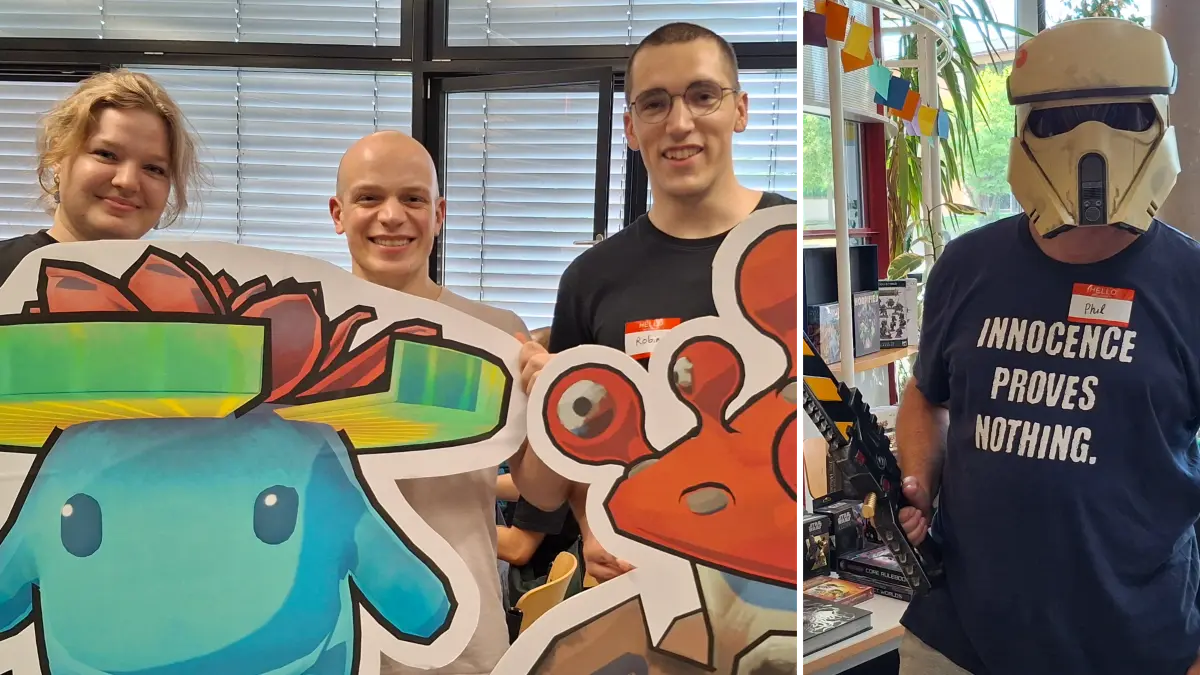 Das Gründer-Trio Cozy Cabbage stellt die Kreaturen ihres PC-Spiels IRU vor (links), Philipp M. Braun bietet hat an seinem Stand unter anderem Kettensägen-Schwerter im Angebot.