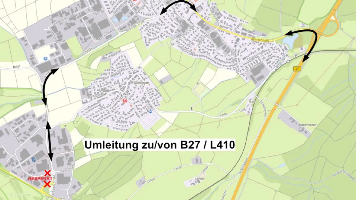 Mit dem weiteren Baufortschritt im Hechinger Gewerbegebiet wird die ganz große Umleitung fällig: Wer ins Gewerbegebiet, nach Sickingen, Bechtoldsweiler und Bodelshausen muss, folge der L 410 und der B 27 über Bodelshausen - und umgekehrt.
