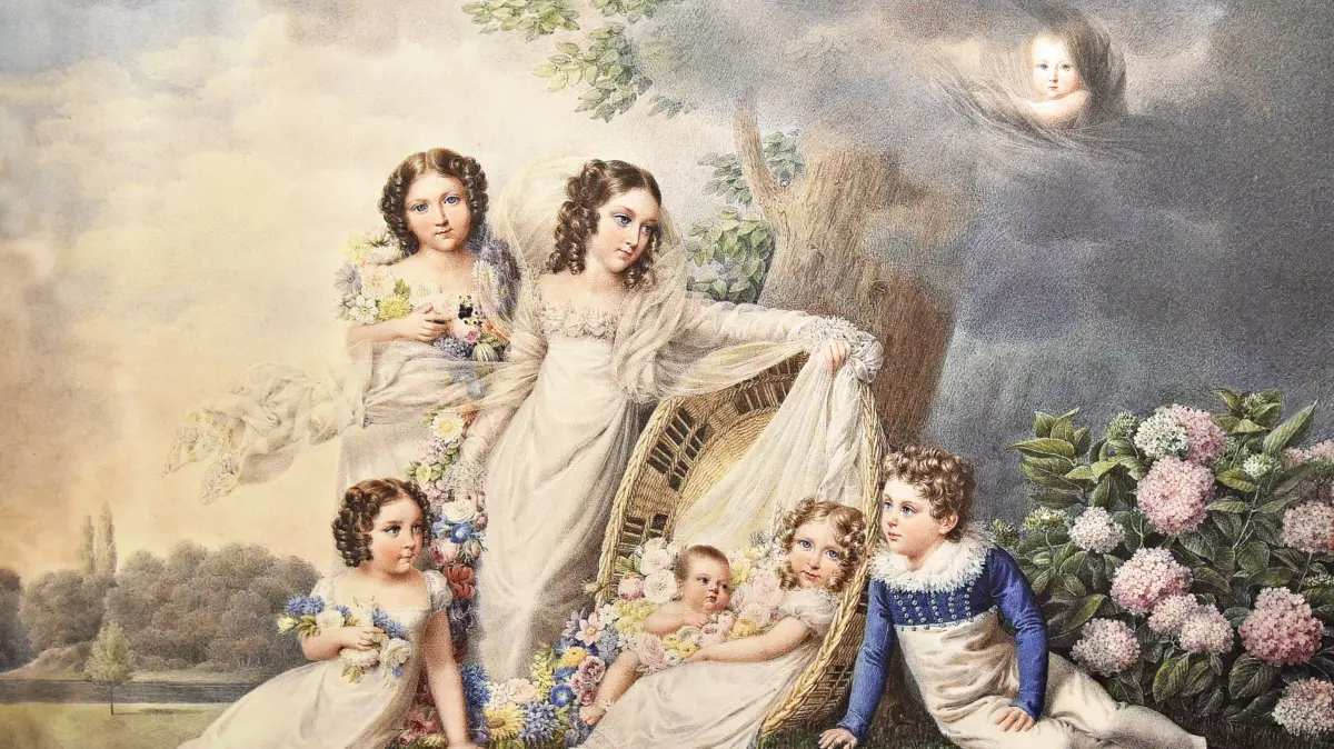 Eugenie (stehend links) und ihre Geschwister. Schwebend dargestellt ist die im Alter von zehn Tagen verstorbene Schwester Carolina Clotilde. Das Gemälde von Auguste Simon Garnerey von 1817 ist als Reproduktion in der Ausstellung zu sehen.
