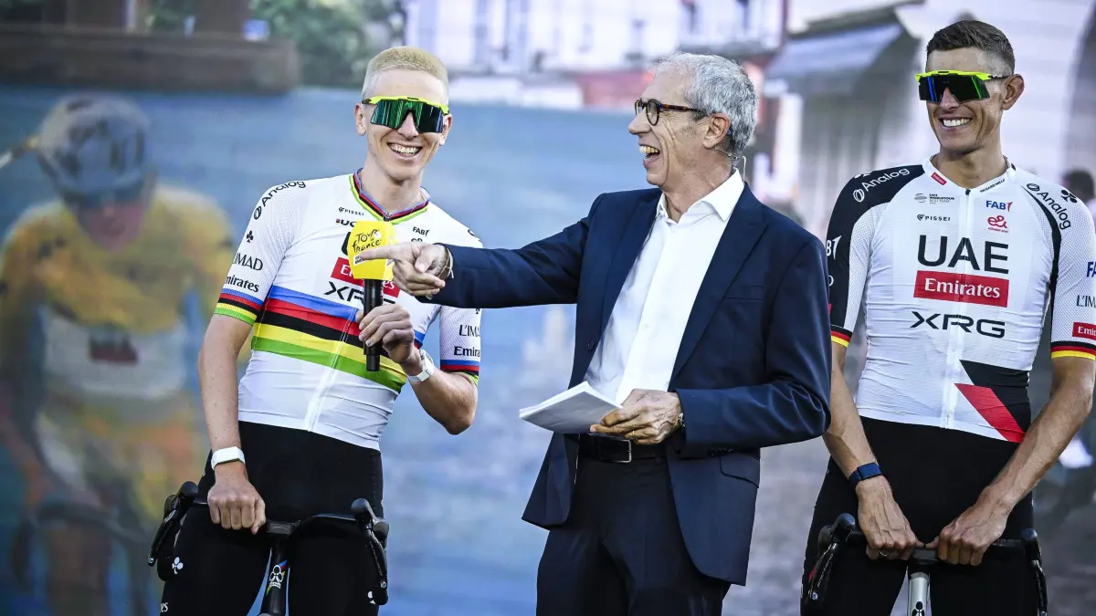Slovenian Tadej Pogacar of UAE Team Emirates-XRG pictured at the team presentation of the 2026 Tour de France cycling ra: Slovenian Tadej Pogacar of UAE Team Emirates-XRG pictured at the team presentation of the 2026 Tour de France cycling race, Thursday 02 July 2026, in Barcelona, Spain. The 113th edition of the Tour de France starts on Saturday 4 July in Barcelona, Spain, and will finish in Paris, France on the 26th of July. JASPERxJACOBS PUBLICATIONxNOTxINxBELxFRAxNEDxLUX x180193623x