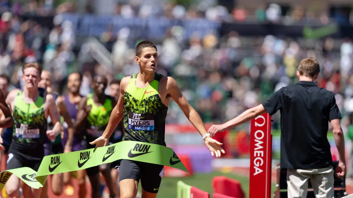 2026 Wanda Diamond League - Prefontaine Classic: EUGENE, OREGON - JULY 04: Cameron Myers of Australia competes in the Men's Bowerman Mile during the Prefontaine Classic, part of the 2026 Wanda Diamond League at Hayward Field on July 04, 2026 in Eugene, Oregon. Ali Gradischer/Getty Images/AFP (Photo by Ali Gradischer / GETTY IMAGES NORTH AMERICA / Getty Images via AFP)