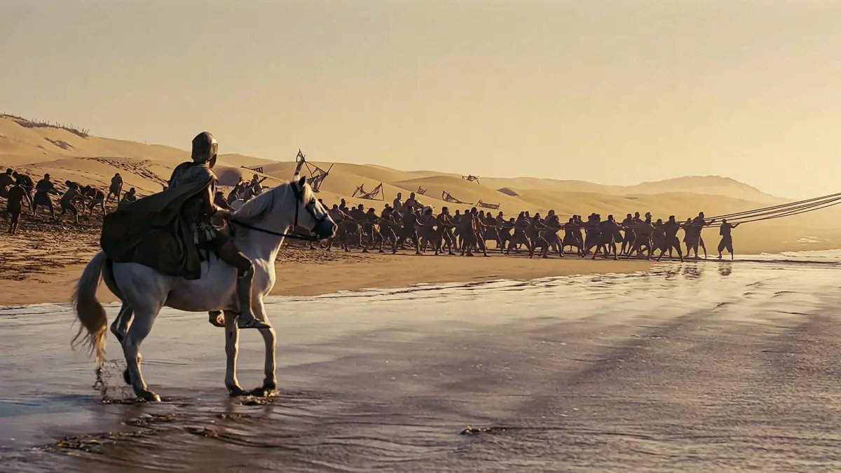 The Odyssey USA. A scene from CUniversal Pictures new film: The Odyssey 2026. PLOT: After the Trojan War, Odysseus faces a dangerous voyage back to Ithaca, meeting creatures like the Cyclops Polyphemus, Sirens, and Circe along the way. Director: Christopher Nolan LMK110-J11493-231225 Supplied by LMKMEDIA. Editorial Only. Landmark Media is not the copyright owner of these Film or TV stills but provides a service only for recognised Media outlets. PUBLICATIONxNOTxINxUKxUSAxCAN