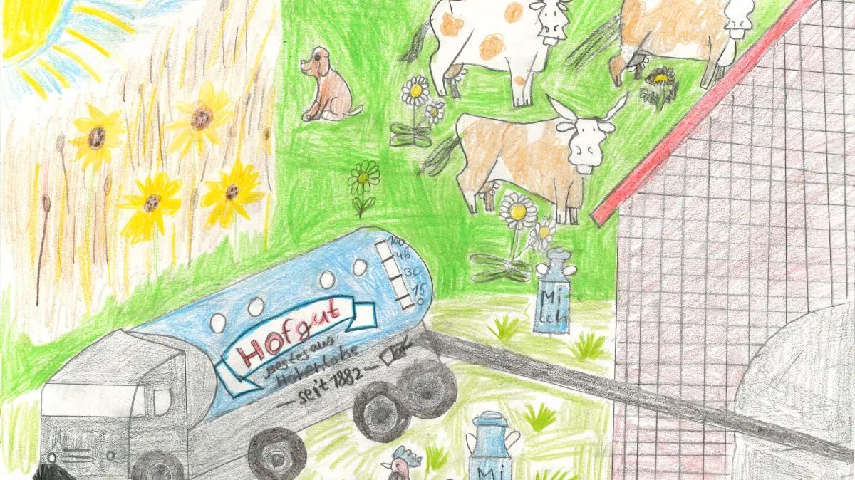 In einem Wettbewerb der Molkerei sollten Kinder das Leben auf dem Bauernhof malen. Die zehnjährige Lisa gewann mit ihrem Bild einen zweiten Platz,