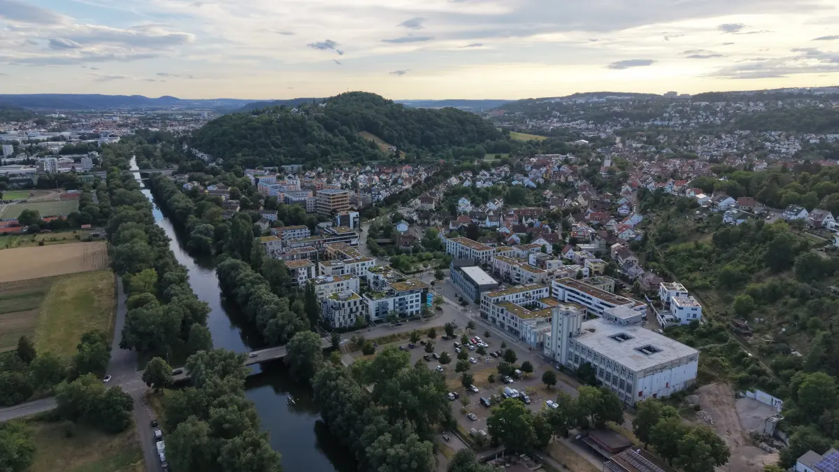 Tübingen Lustnau Österberg Egeria Aeulehöfe Queckareal Holzhaus Hohes Haus Neckar Luftbild