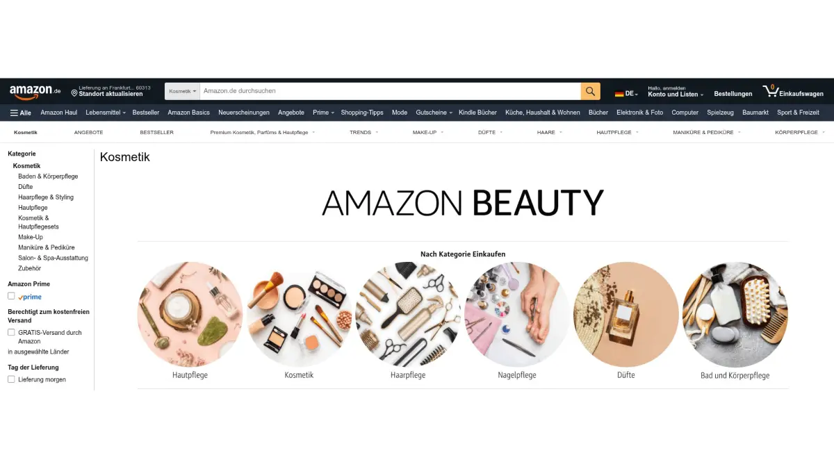 Beauty-Bereich des Online-Shops von Amazon
