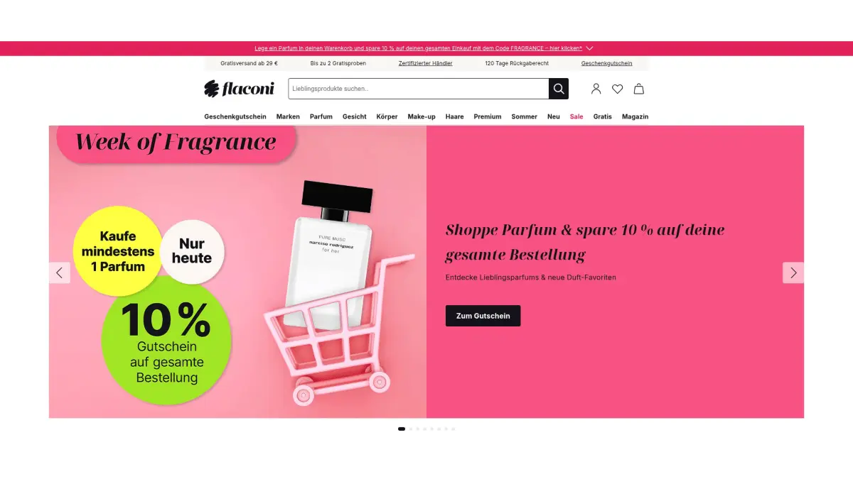 Startseite des Online-Shops von Flaconi