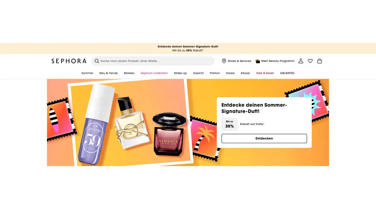 Startseite des Online-Shops von Sephora