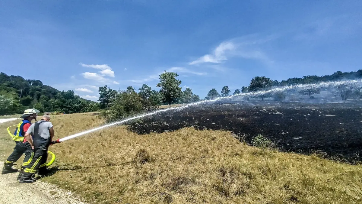 Flächenbrand auf der Schwäbischen Alb: ARCHIV - 26.06.2026, Baden-Württemberg, Herbrechtingen: Feuerwehrleute löschen einen Flächenbrand. Die Ursache für das Feuer war zunächst unklar. (zu dpa: «Waldbrandgefahr wächst – Feuerwehr stellt sich neu auf») Foto: Markus Brandhuber/dpa +++ dpa-Bildfunk +++
