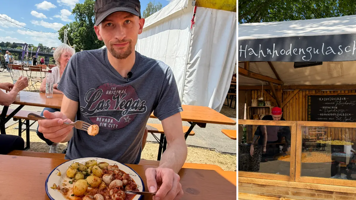 In Deutschland kein alltägliches Gericht: Hahnhodengulasch. Beim Donaufest kann man die ungarische Spezialität ausprobieren. Wie hat es uns geschmeckt?