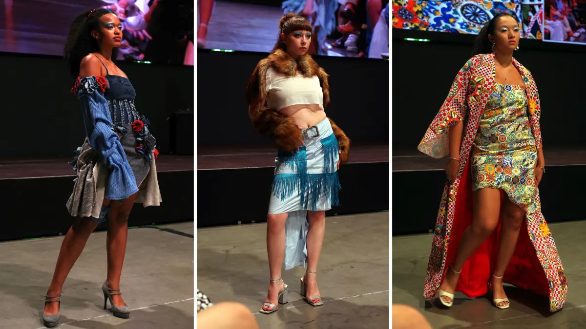 Die Designs aus drei Klassen des Berufskollegs für Mode und Design wurden bei der Designline von diversen Models präsentiert. Dabei folgen die Fotos links und in der Mitte vorgegebenen Themen. Die Abschlussklasse ist frei in ihrer Themenwahl.