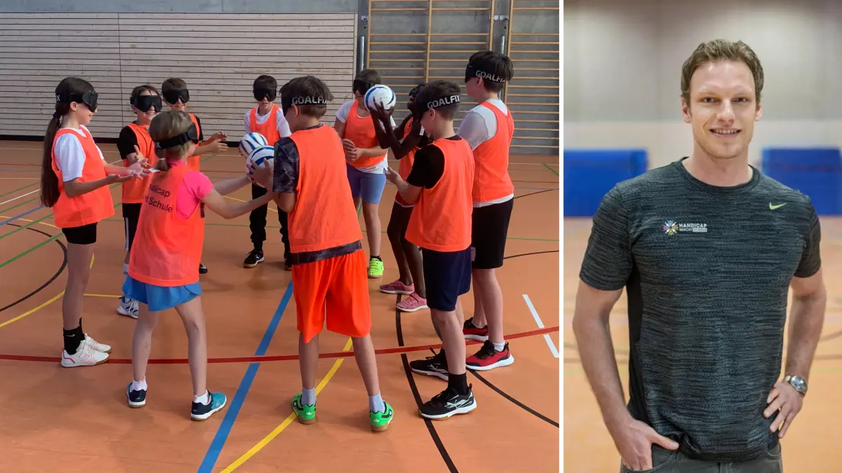 Gehör und Tastsinn ersetzen das Sehen, die Rassel im Ball hilft beim Weitergeben: DIe 4B der Schlossschule Gomaringen beim Sportunterricht mit Dunkelbrille.