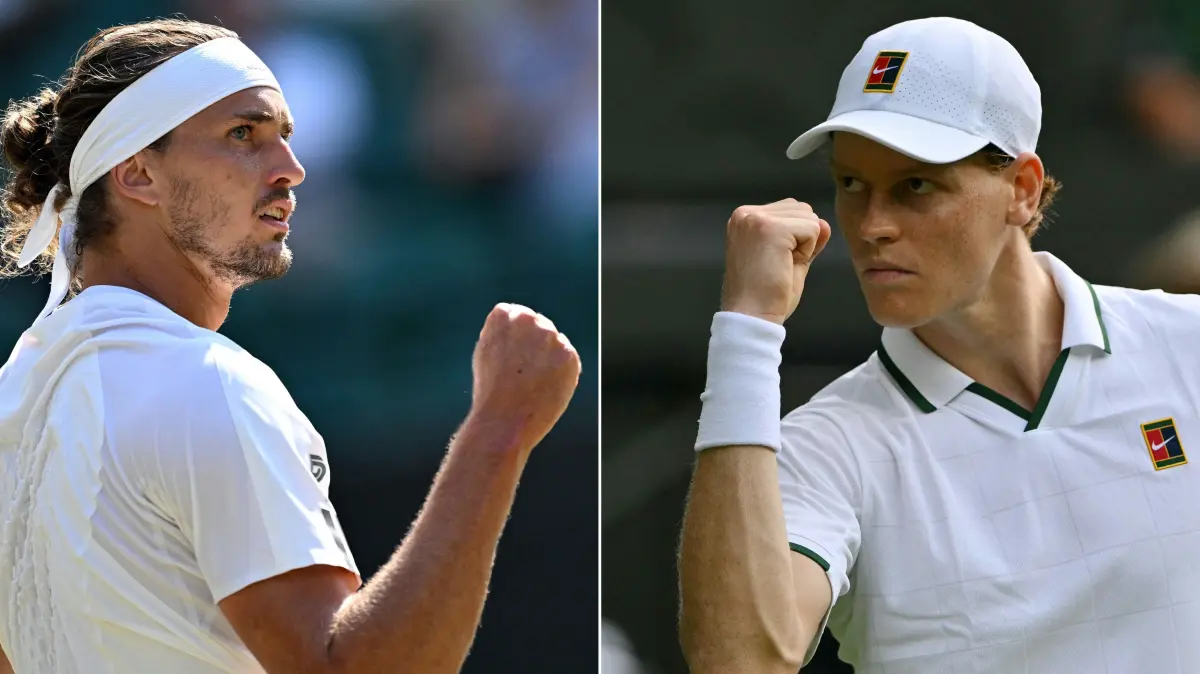COMBO-TENNIS-GBR-WIMBLEDON: (COMBO) This combination of pictures created on July 11, 2026 shows
Germany's Alexander Zverev (L) reacting during his men's singles quarter-final tennis match on July 8, 2026 on Wimbledon and Italy's Jannik Sinner reacting during his men's singles first round tennis match on June 29, 2026 in Wimbledon.. The Italian world number one will meet French Open champion Zverev on July 12, 2026 for the Wimbledon Championship title match at The All England Lawn Tennis and Croquet Club in Wimbledon, southwest London. (Photo by Kirill KUDRYAVTSEV and Glyn KIRK / AFP) / RESTRICTED TO EDITORIAL USE