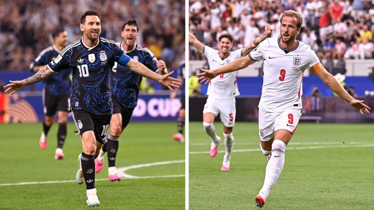 COMBO-FBL-WC-2026-ENG-ARG: (COMBO) This combination of file photos created on July 12, 2026, shows Argentina's forward #10 Lionel Messi in Arlington on June 27, 2026 (L),ja and England's forward #09 Harry Kane in Arlington on June 17, 2026. England and Argentina will meet in a 2026 World Cup semi-final football match at the Atlanta Stadium in Atlanta on July 15, 2026. (Photo by Paul ELLIS / AFP)